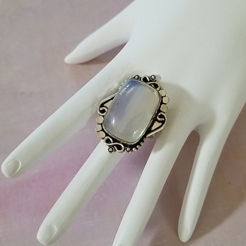 Hand Crafted Milky Opal .925 Sterling Silver Statement Ring SZ 8 3/4 - Picture 5 of 16